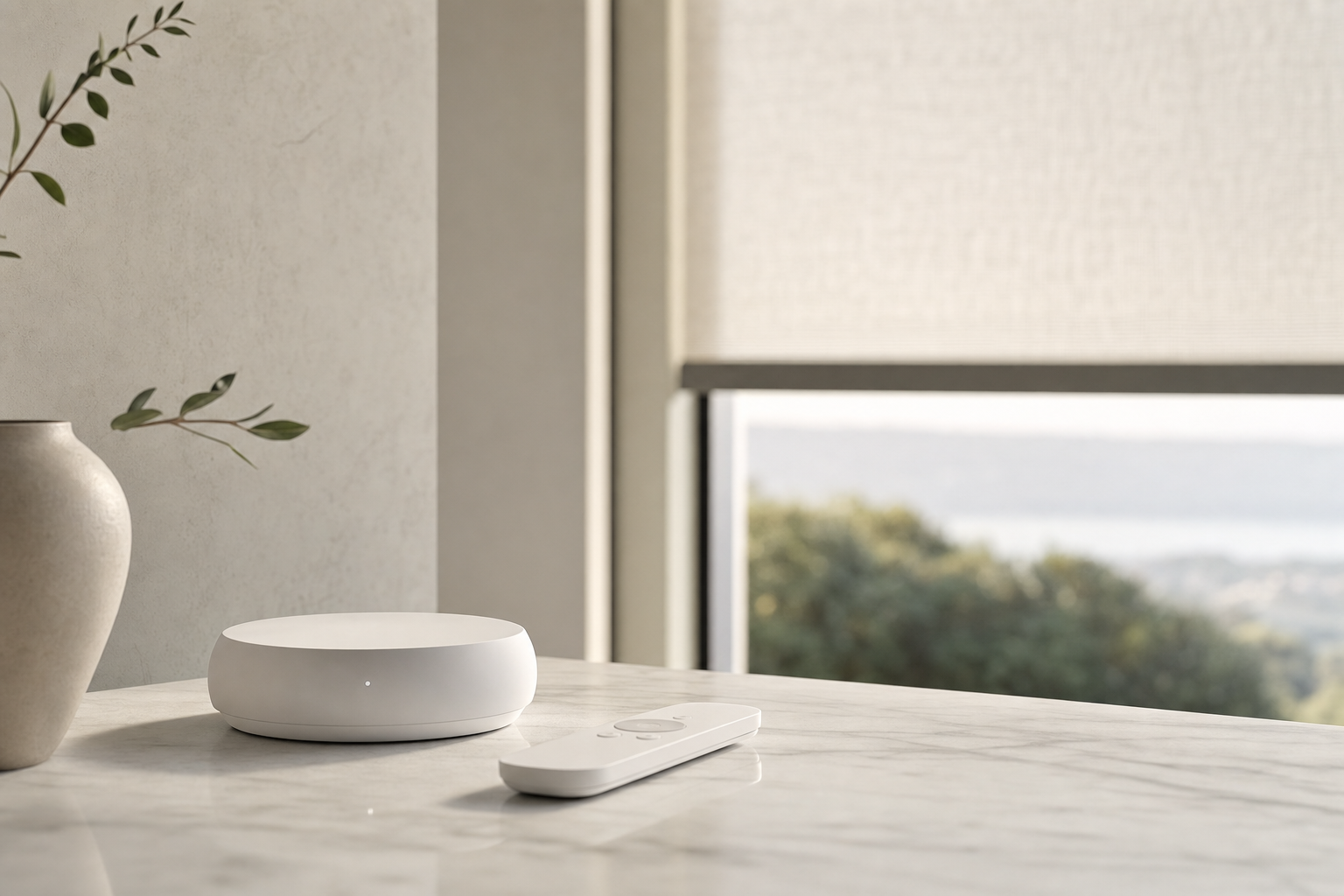 Discreet white smart hub and slim remote on a marble shelf in front of a motorized shade