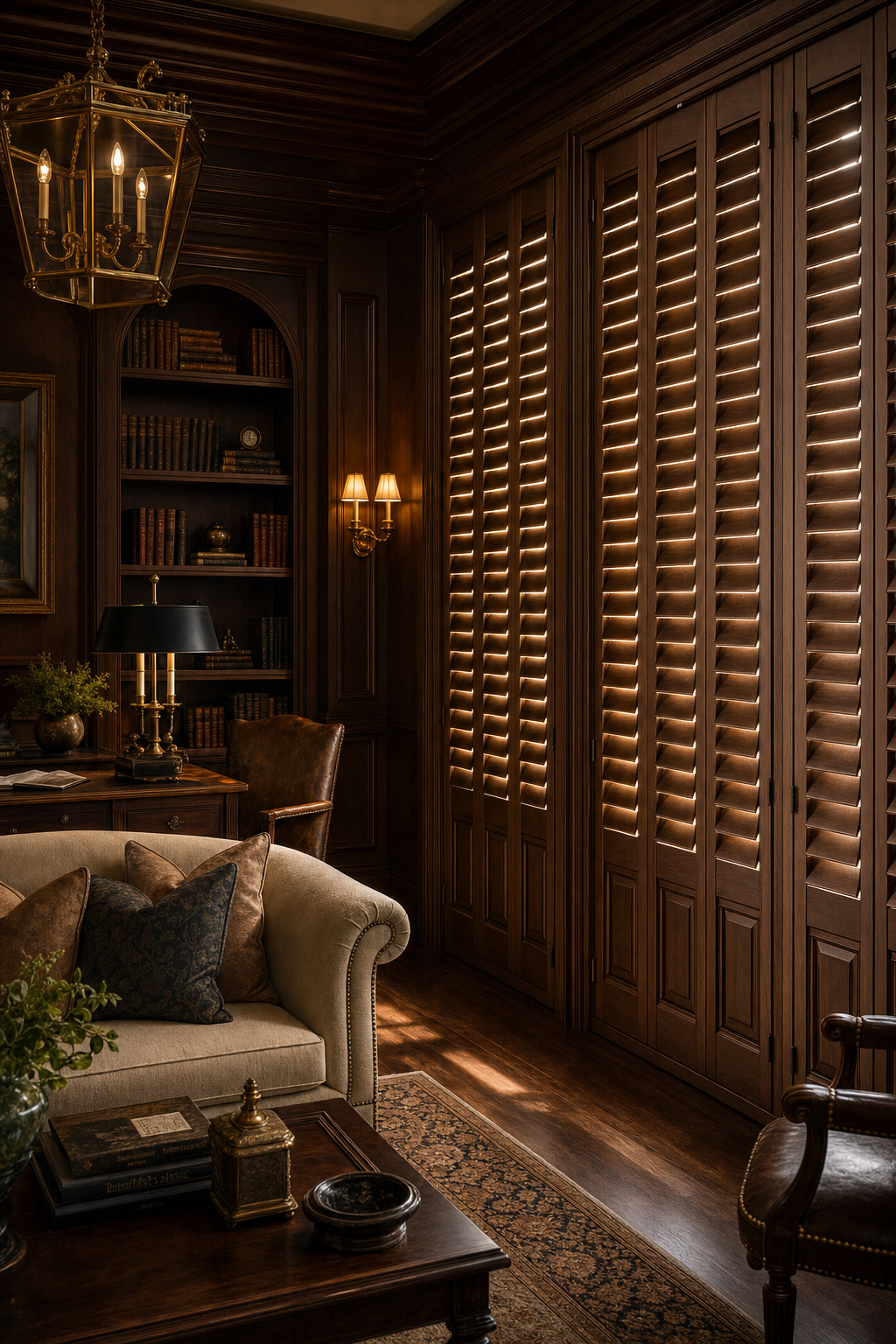 Floor-to-ceiling solid walnut plantation shutters in a richly appointed home library