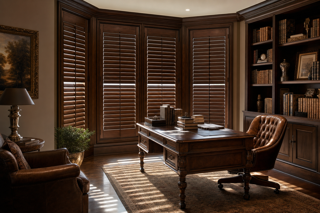 Elegant home office bay window dressed in full-height walnut plantation shutters at golden hour