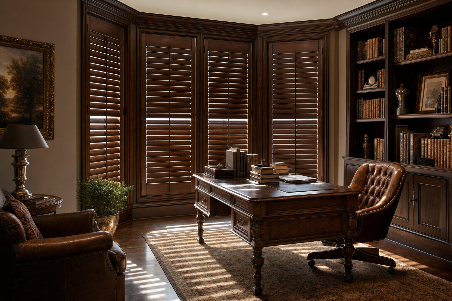 Elegant home office bay window dressed in full-height walnut plantation shutters at golden hour