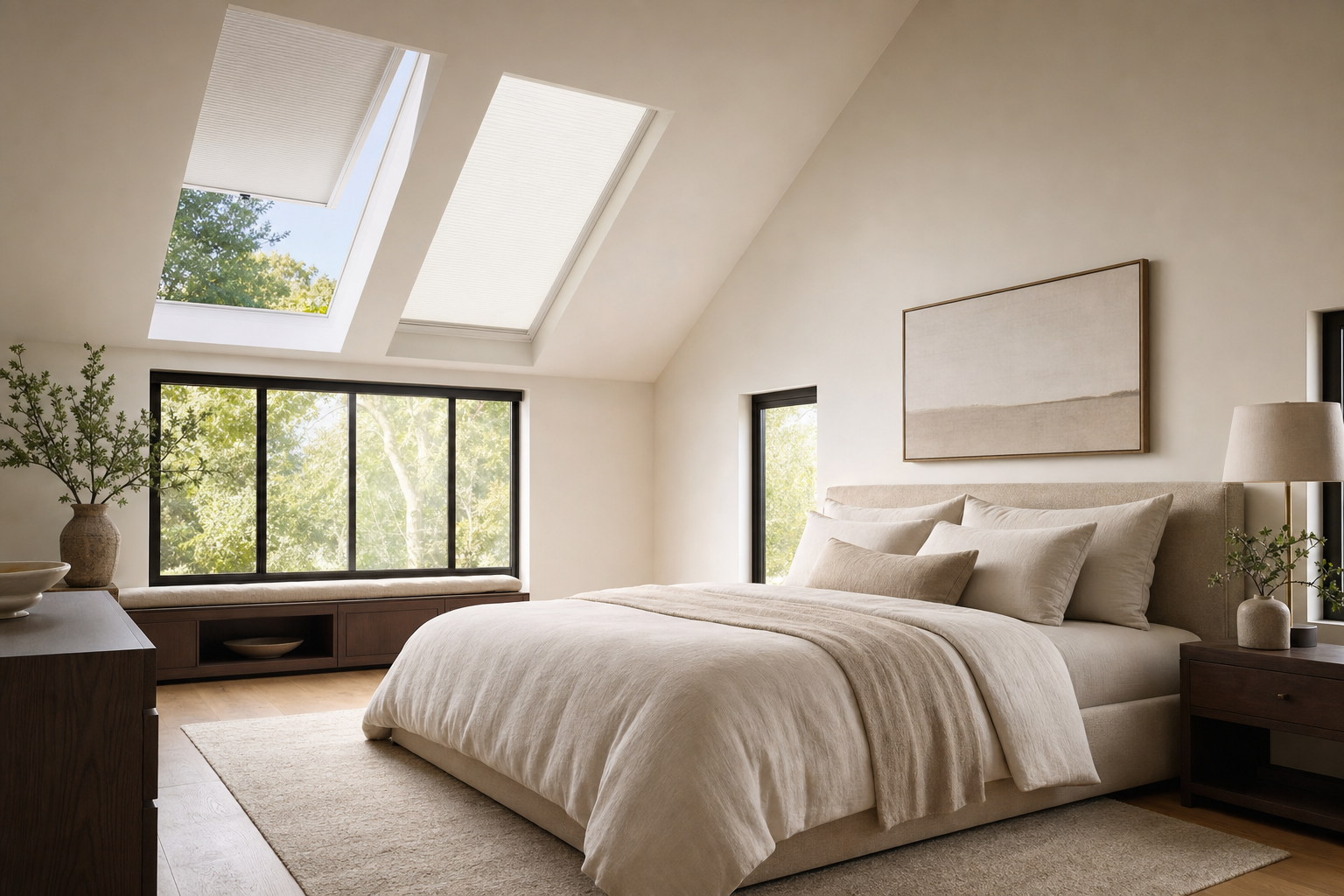 Vaulted modern bedroom with two angled skylights dressed in motorized white cellular shades