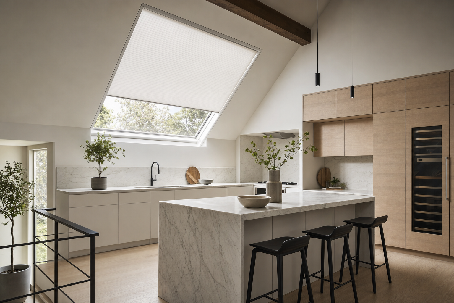 Bright loft kitchen with a pitched-ceiling skylight fitted with a motorized white cellular honeycomb shade