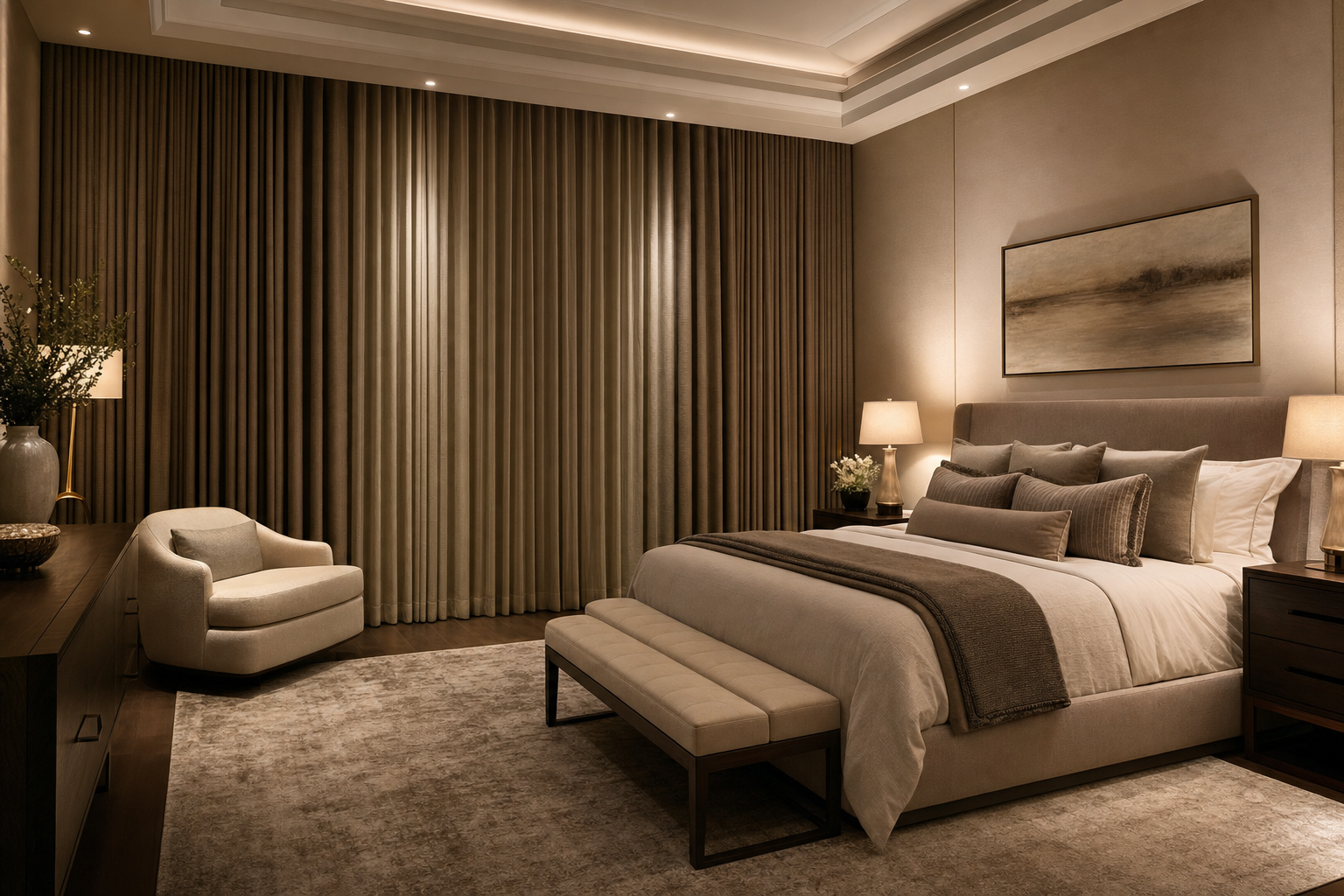 Upscale primary bedroom at twilight with floor-to-ceiling layered drapery fully drawn