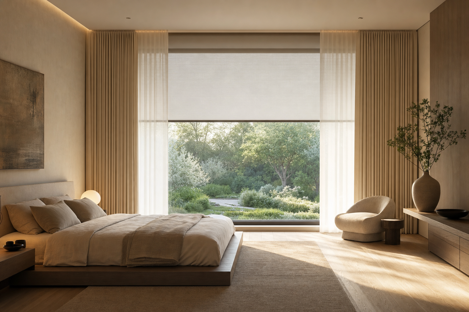 Master bedroom with three layered window treatments — sheer drapery, ivory pinch-pleat panels, and a motorized roller shade