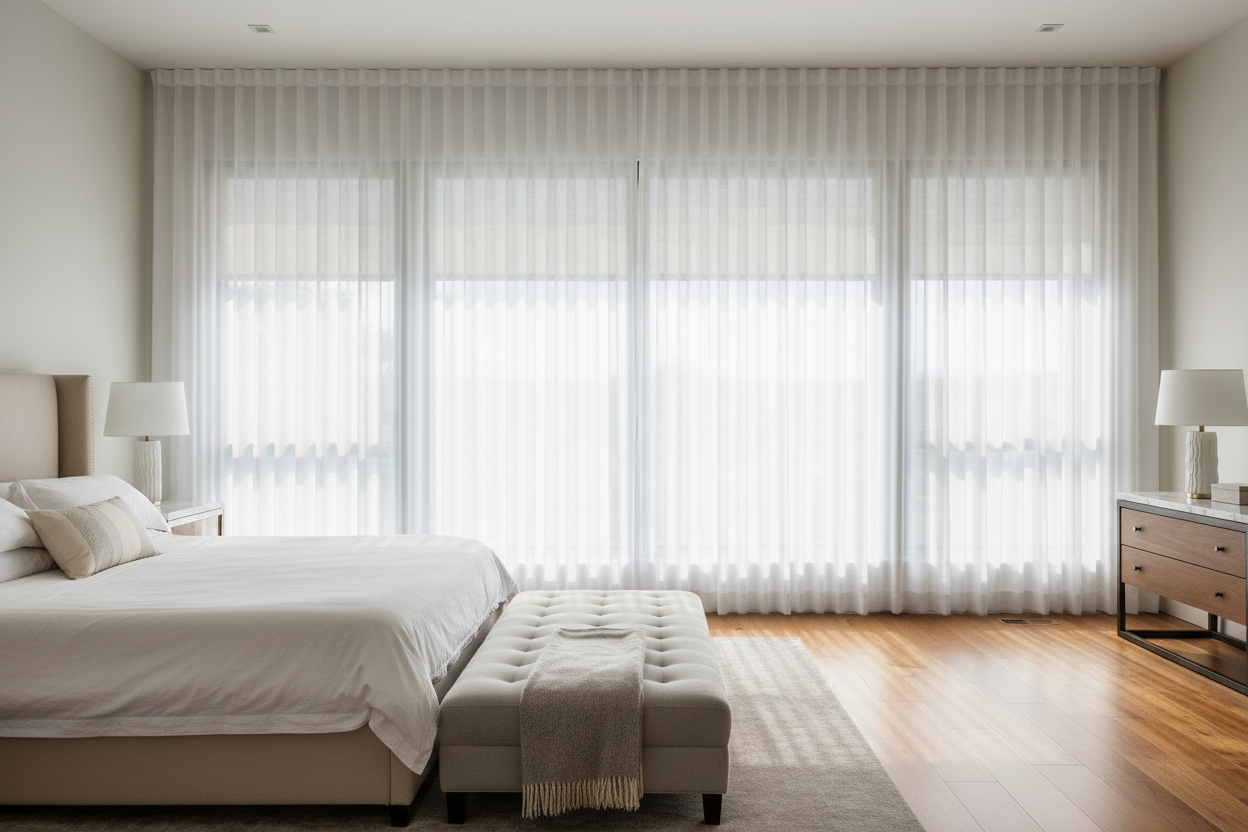 Ripplefold Sheer Drapery - Layered Bedroom